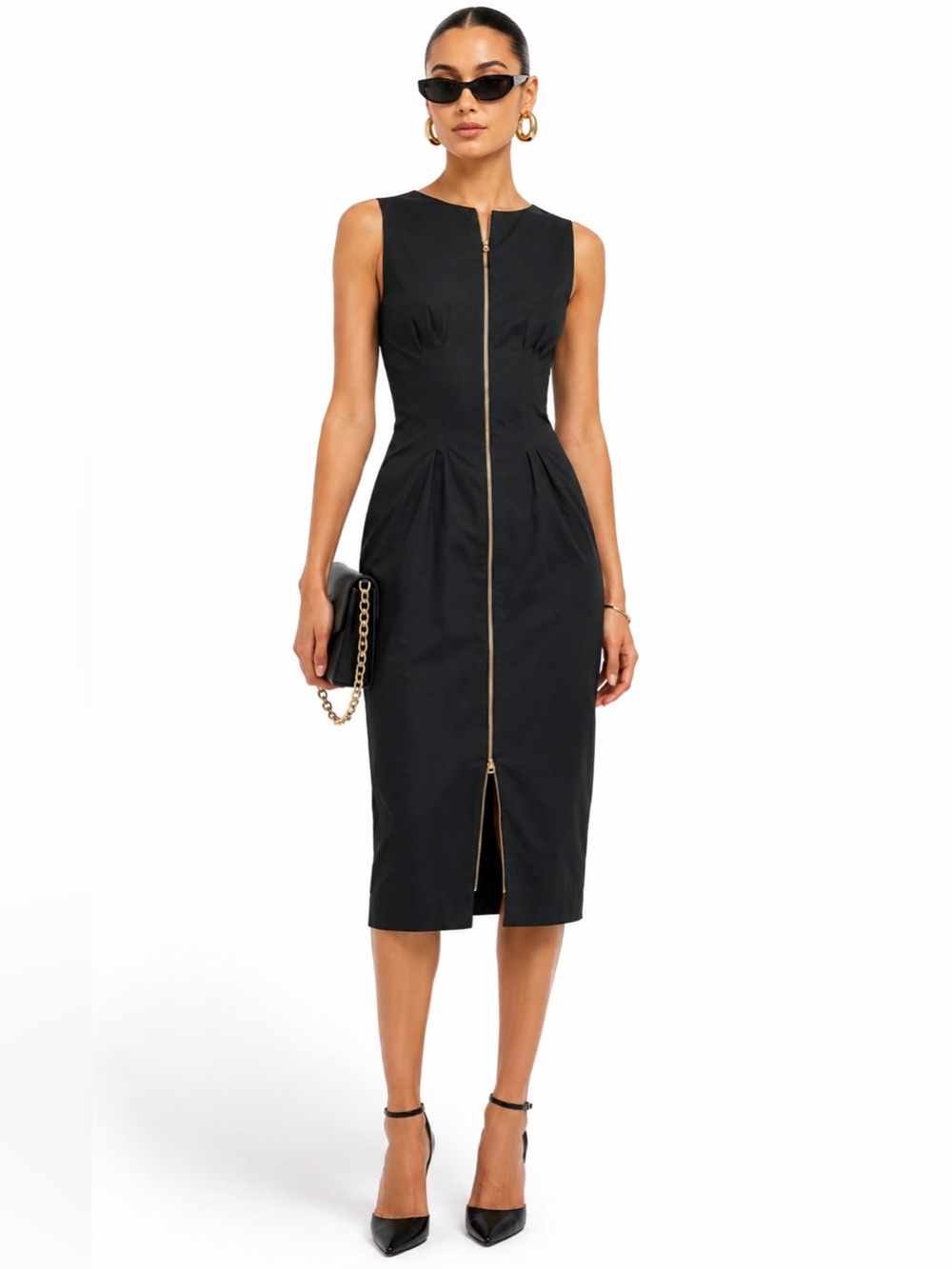 Carolina Herrera Black Midi Dress with Gold Zipper zip stretch Cotton poplin 16